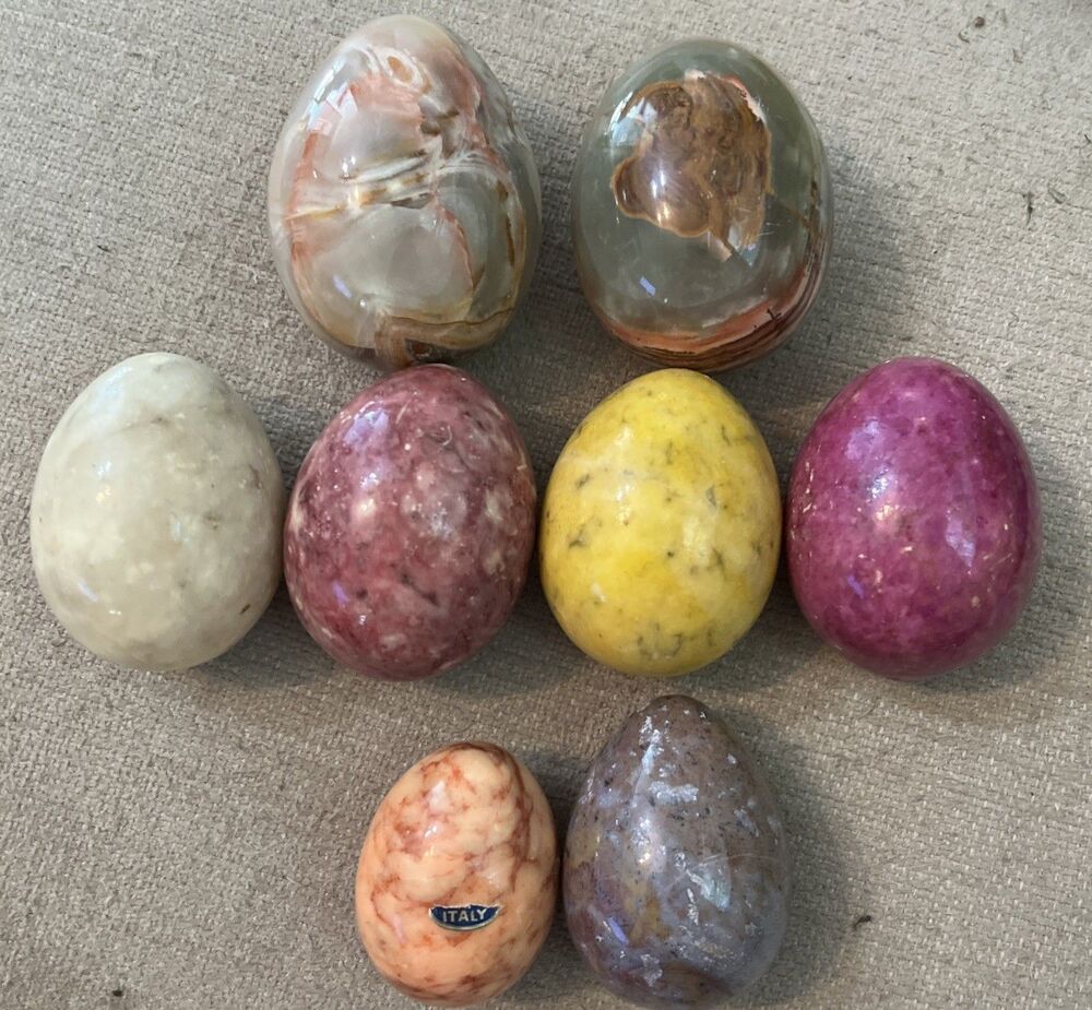 Vintage Genuine Alabaster Hand Carved Set of 8 Stone Eggs Made In Italy by LSR